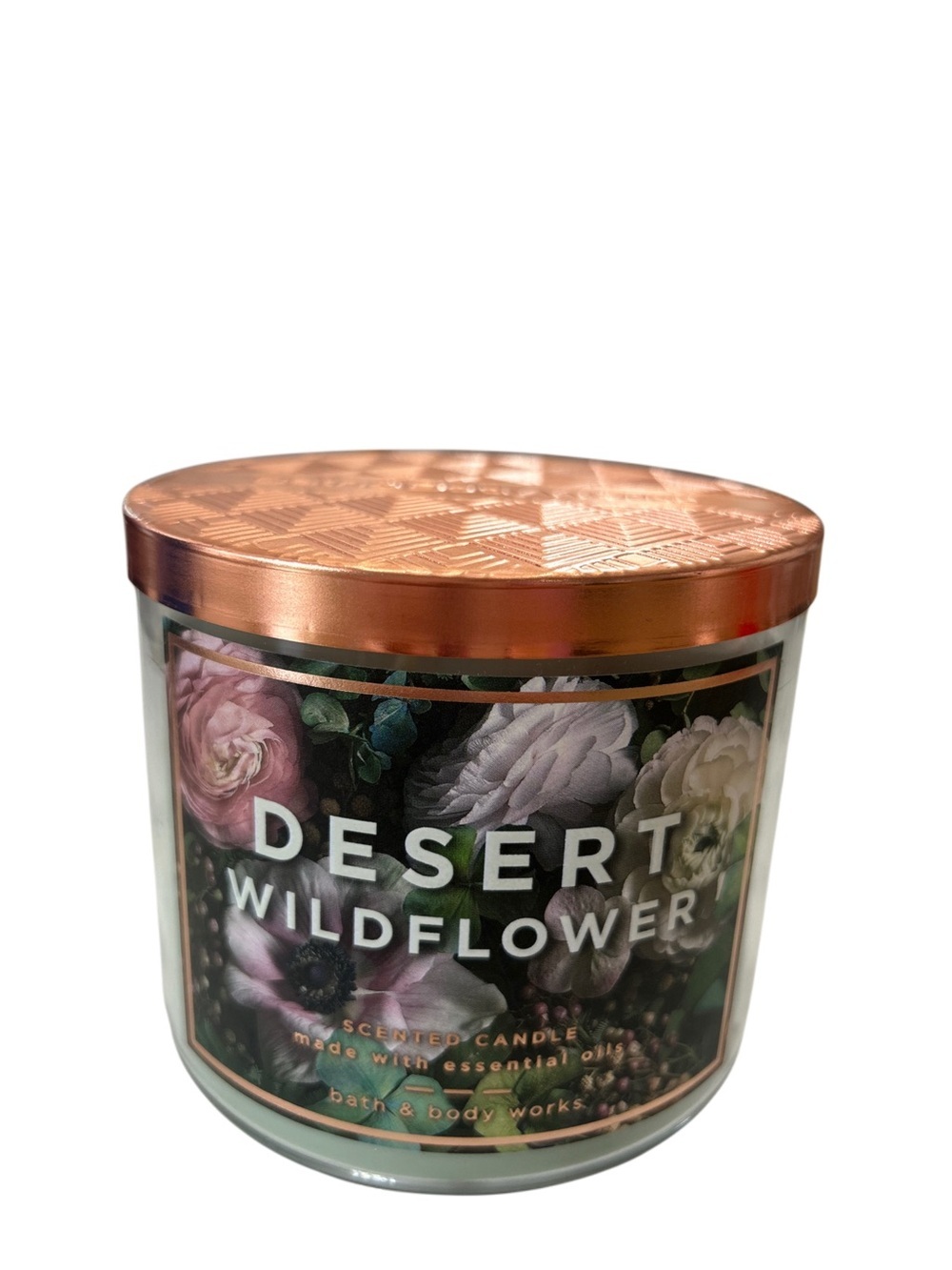 Bath & Body Works Desert Wildflower 3-Wick Candle Discontinued Rose Gold Lid